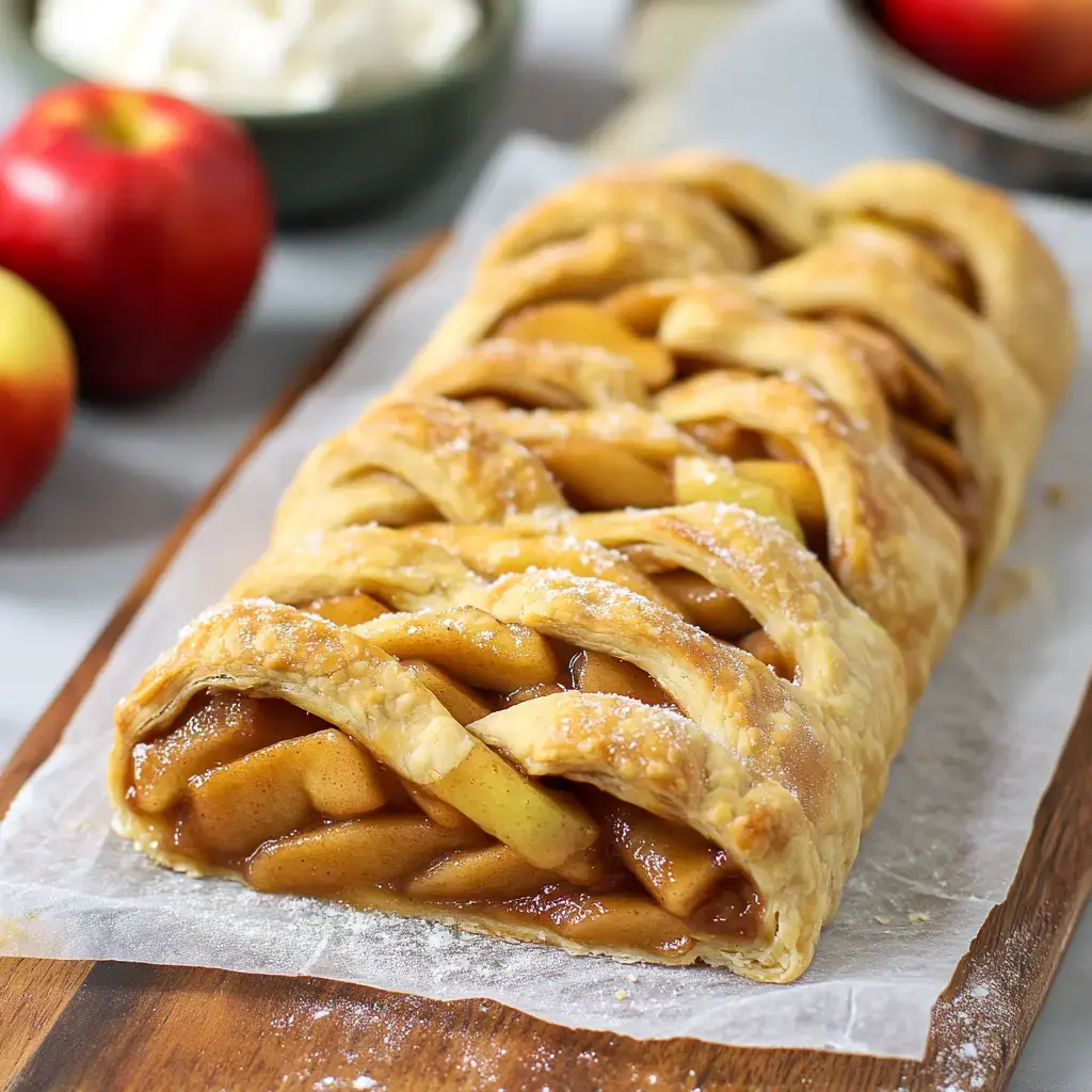 A golden-brown apple strudel is displayed on a wooden board, surrounded by fresh apples and a bowl of whipped cream.