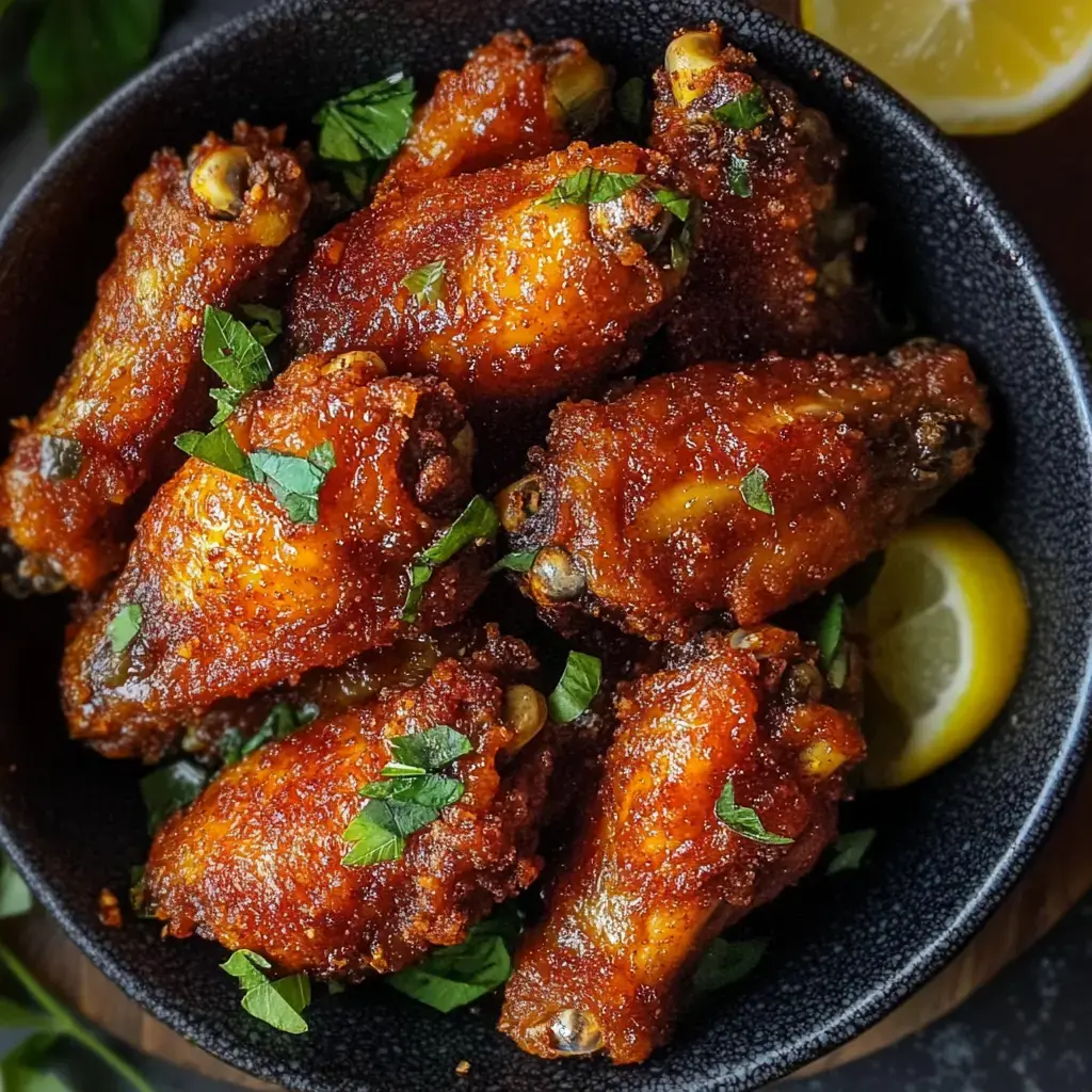 A bowl of crispy, golden-brown chicken wings garnished with fresh parsley and accompanied by lemon slices.