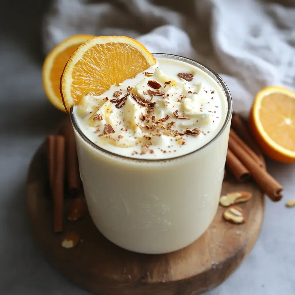 A glass of creamy beverage topped with whipped cream, chocolate shavings, and a slice of orange, surrounded by cinnamon sticks and almonds on a wooden board.