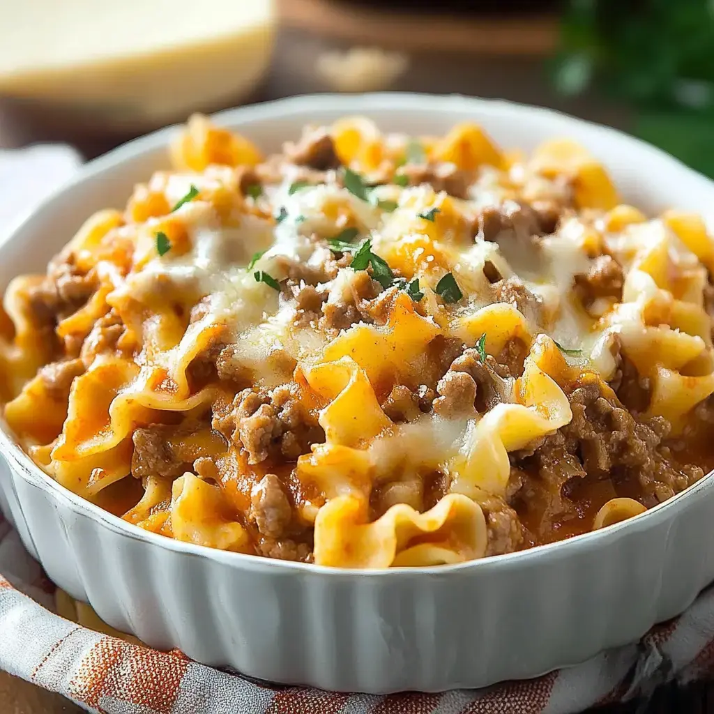 A bowl of pasta with meat sauce and melted cheese, garnished with parsley.