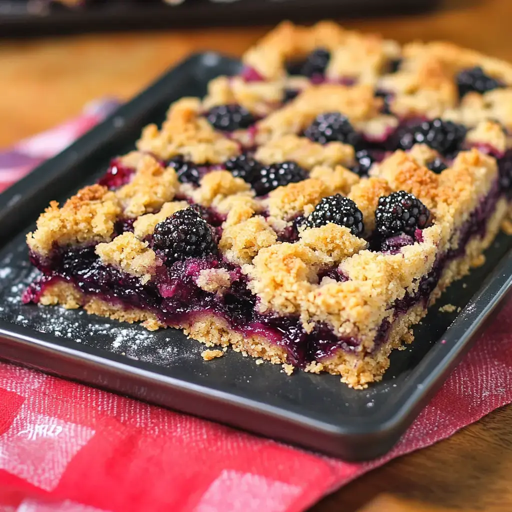 A rectangular blackberry crumble dessert is displayed on a black plate, showcasing a crumbly topping and rich fruit filling.