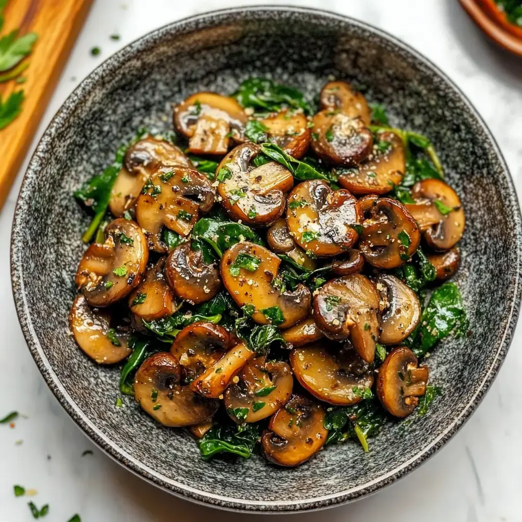 A close-up of sautéed mushrooms and leafy greens garnished with herbs in a dark bowl.