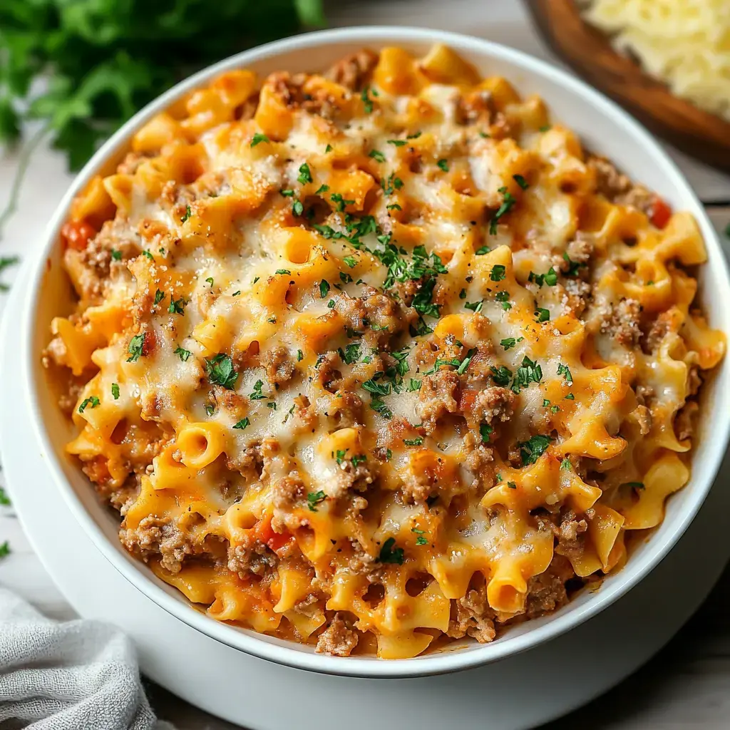 A close-up view of a bowl of cheesy pasta layered with ground meat and garnished with parsley.