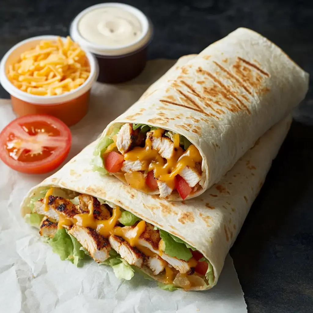 Two grilled chicken wraps filled with lettuce, tomato, and cheese, accompanied by dipping sauces and a side of shredded cheese.