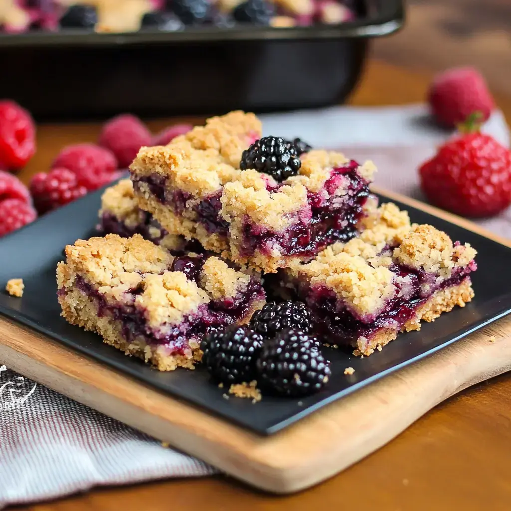 A close-up of a black plate with berry crumble bars topped with blackberries, surrounded by fresh raspberries.