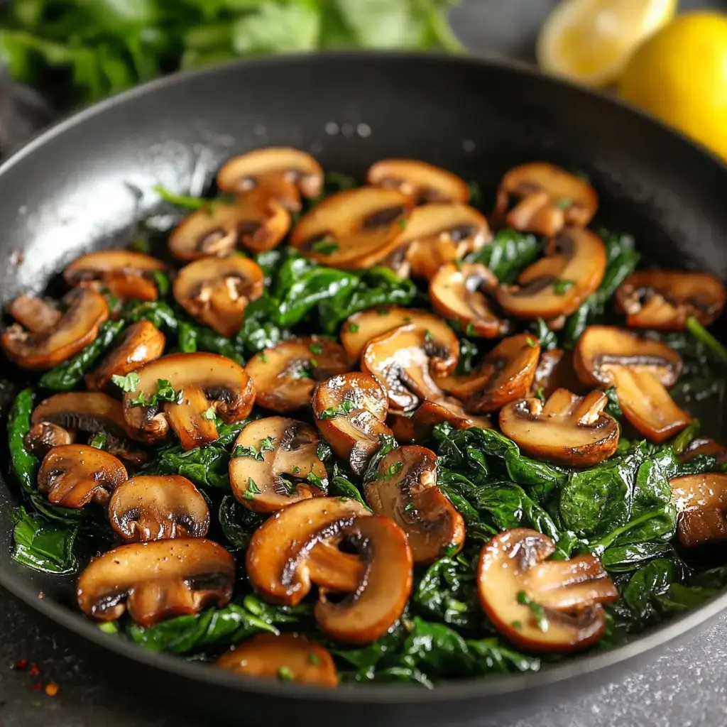 Sautéed mushrooms and spinach are displayed in a skillet, garnished with parsley and accompanied by lemon halves in the background.