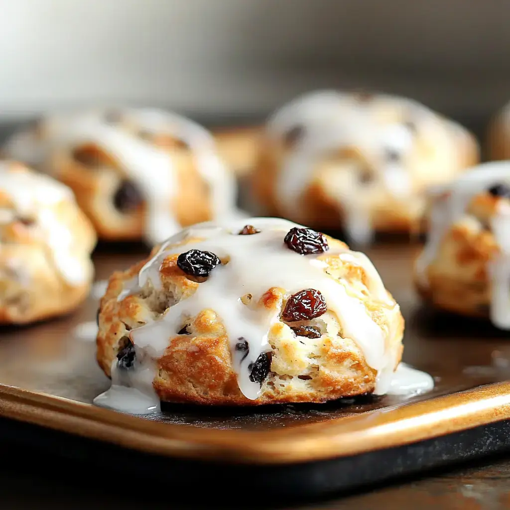 A close-up of freshly baked scones topped with icing and sprinkled with raisins on a baking tray.