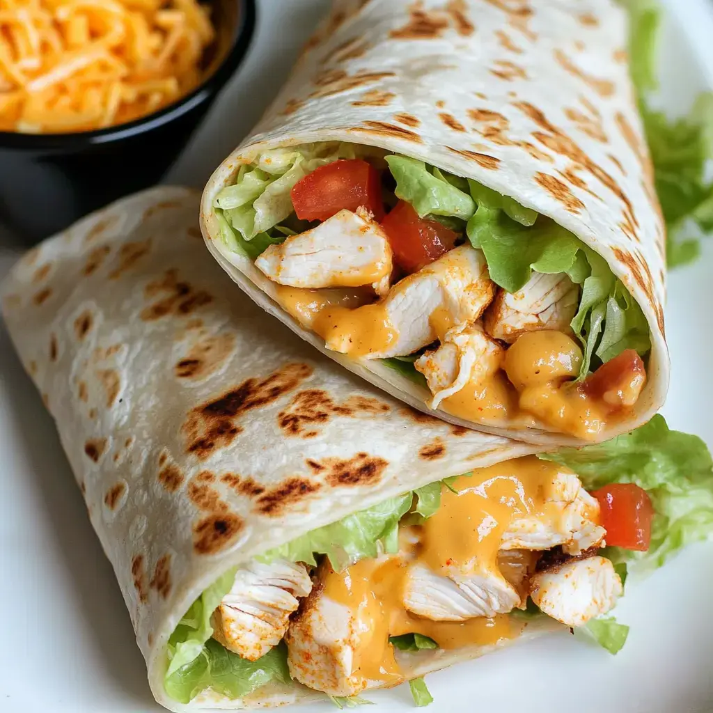 Two grilled chicken wraps filled with lettuce, tomatoes, and a creamy sauce, served alongside a small bowl of shredded cheese.