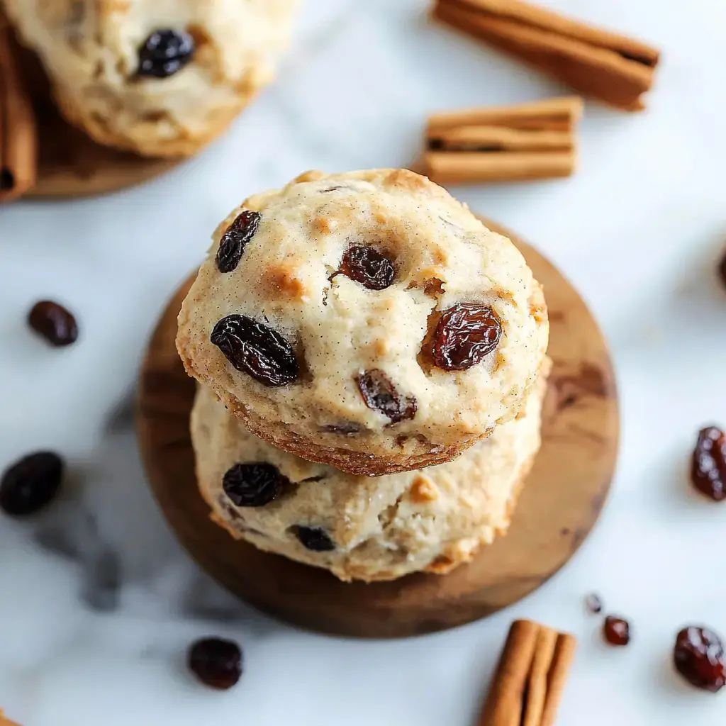 A stack of soft, raisin-studded muffins on a wooden plate, surrounded by scattered raisins and cinnamon sticks.