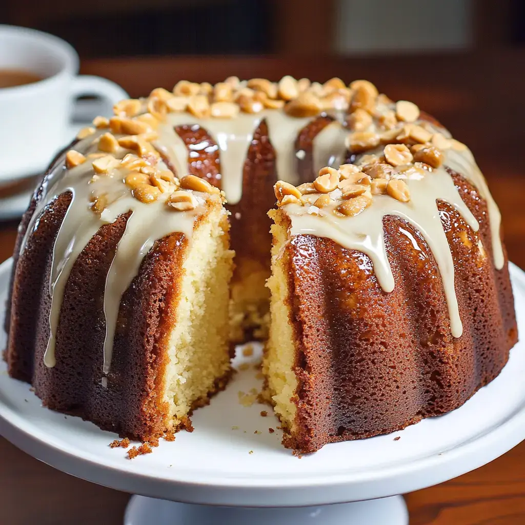 A sliced bundt cake topped with a creamy glaze and chopped nuts sits on a white cake stand, with a cup of coffee in the background.