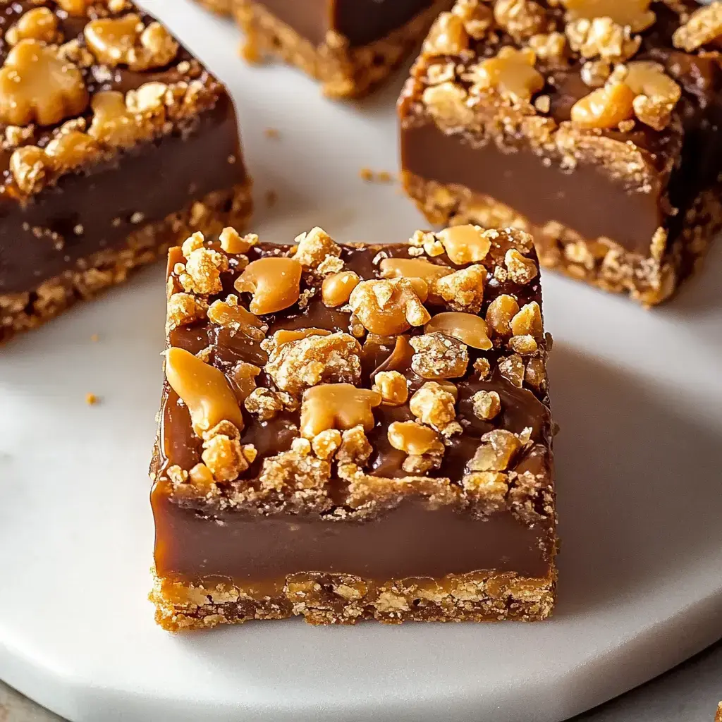 A close-up image of a square dessert with a chocolate layer topped with crunchy toffee pieces, sitting on a white plate.