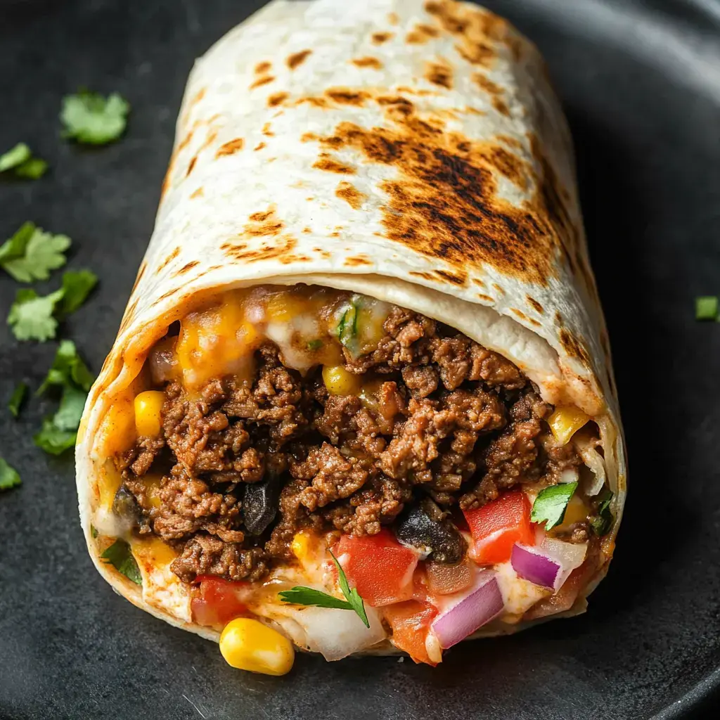 A close-up of a grilled burrito filled with ground beef, cheese, corn, and diced vegetables on a dark plate, garnished with cilantro.