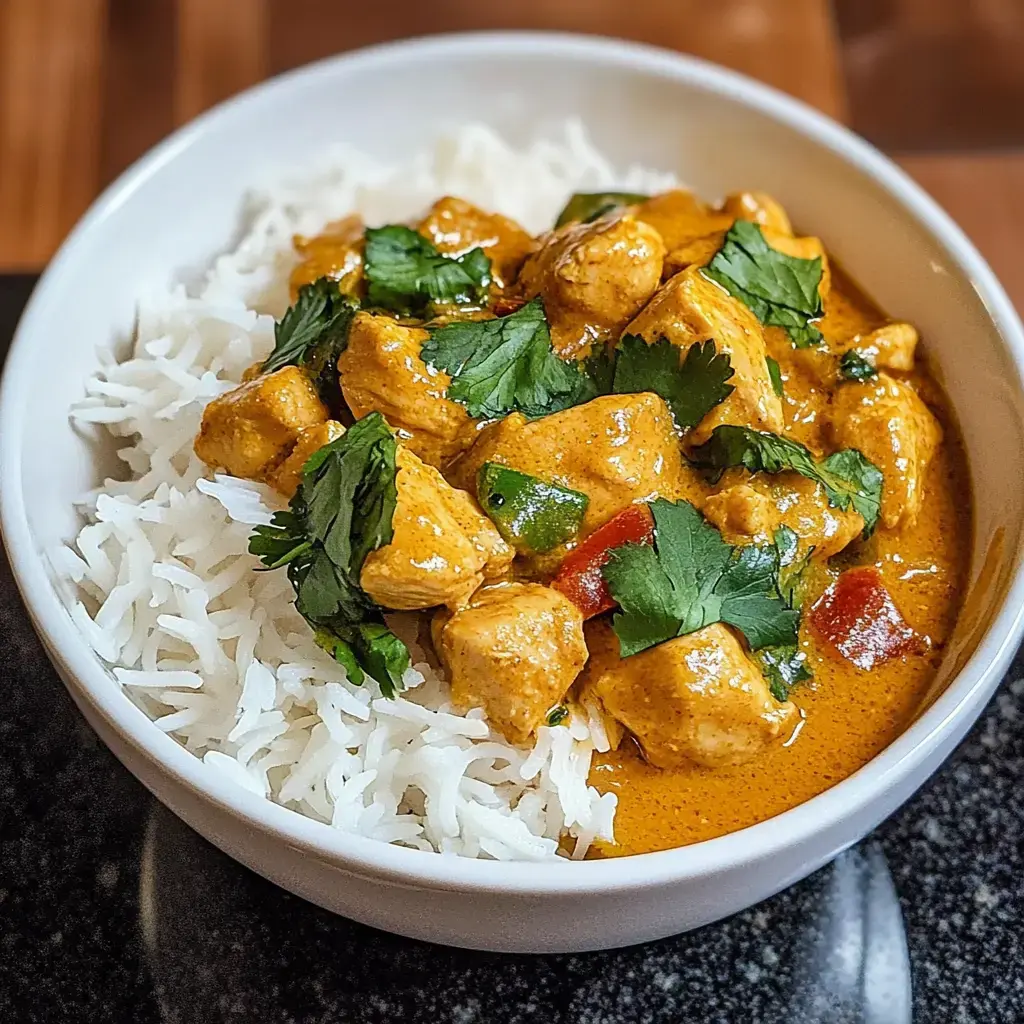 A bowl of rice topped with chunks of curry chicken, garnished with fresh cilantro and diced bell peppers.