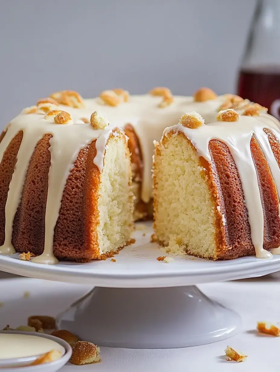 A freshly baked bundt cake with a creamy glaze and crushed toppings is presented on a white cake stand, revealing two slices.