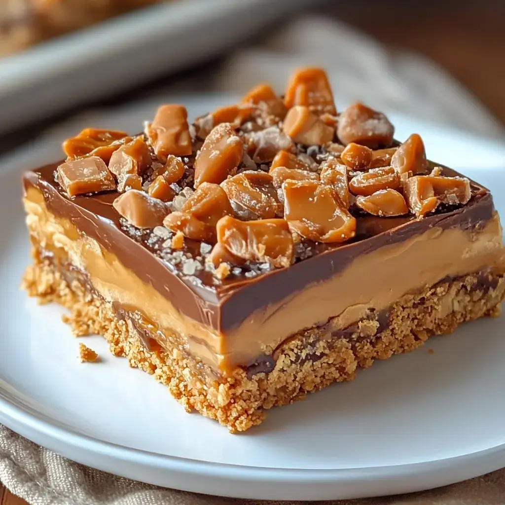 A square dessert with layers of chocolate, caramel, and a crumbly base, topped with chopped caramel pieces and sea salt.