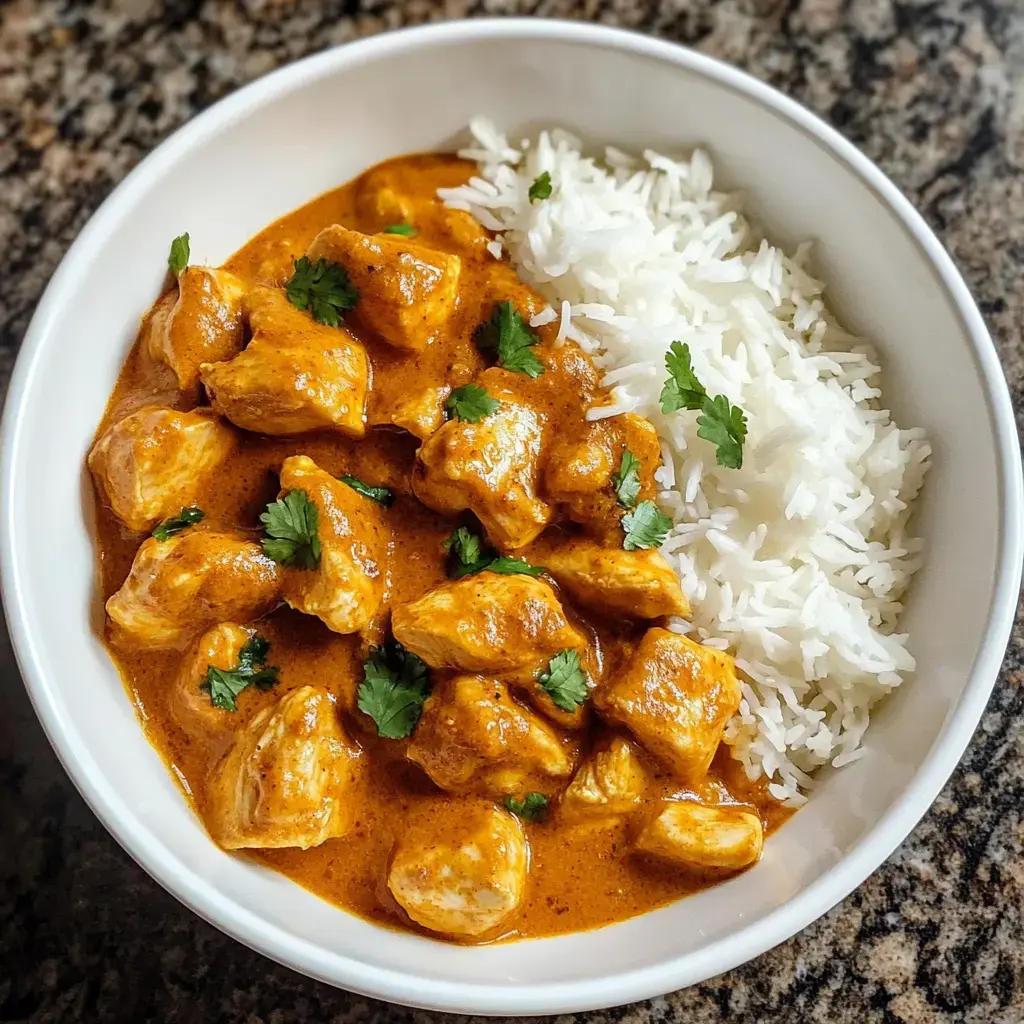 A bowl of chicken curry is served alongside fluffy white rice, garnished with fresh cilantro.