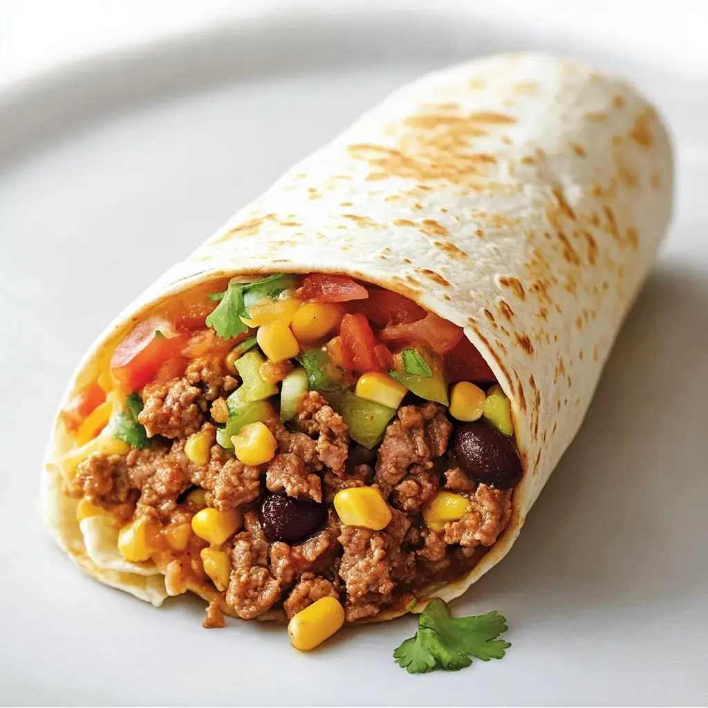 A close-up of a burrito filled with seasoned ground meat, corn, diced tomatoes, green peppers, and cilantro, wrapped in a toasted tortilla.