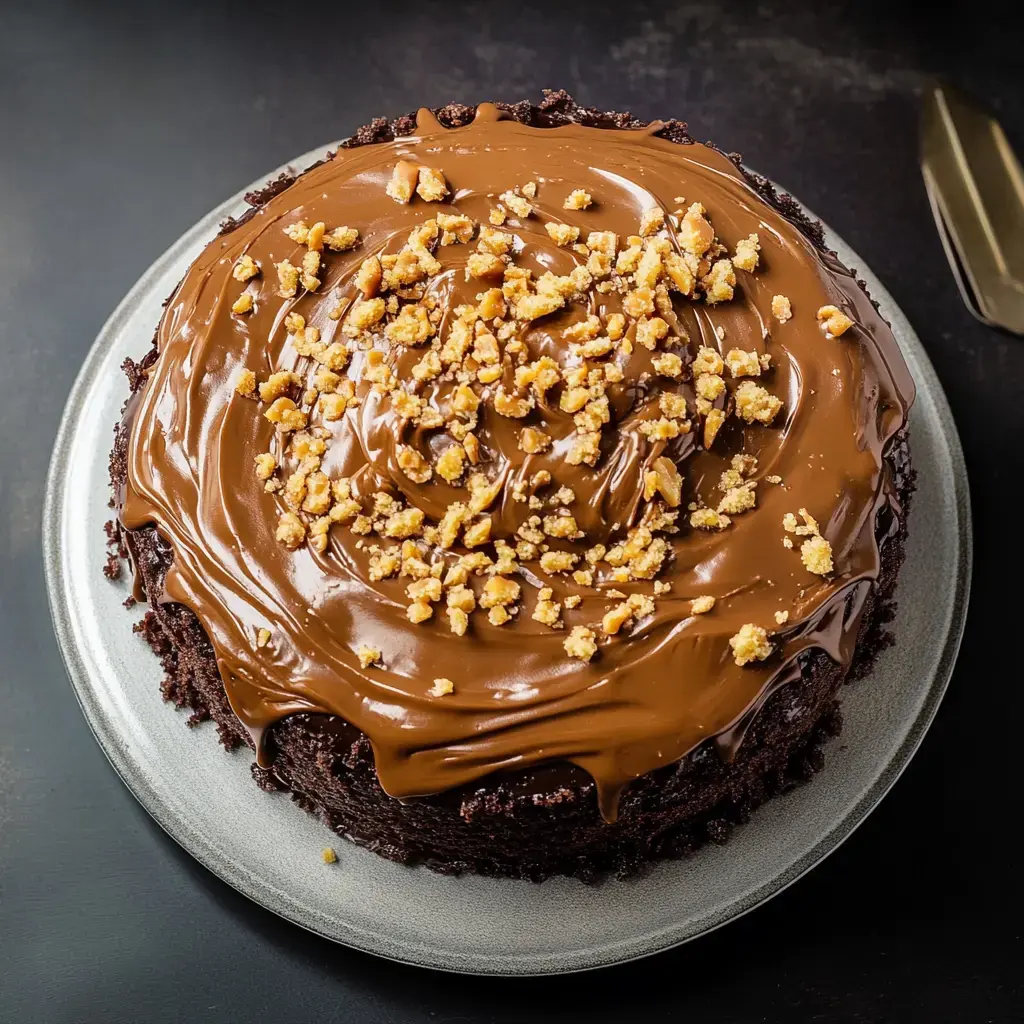 A round chocolate cake topped with smooth chocolate icing and sprinkled with crushed nuts.