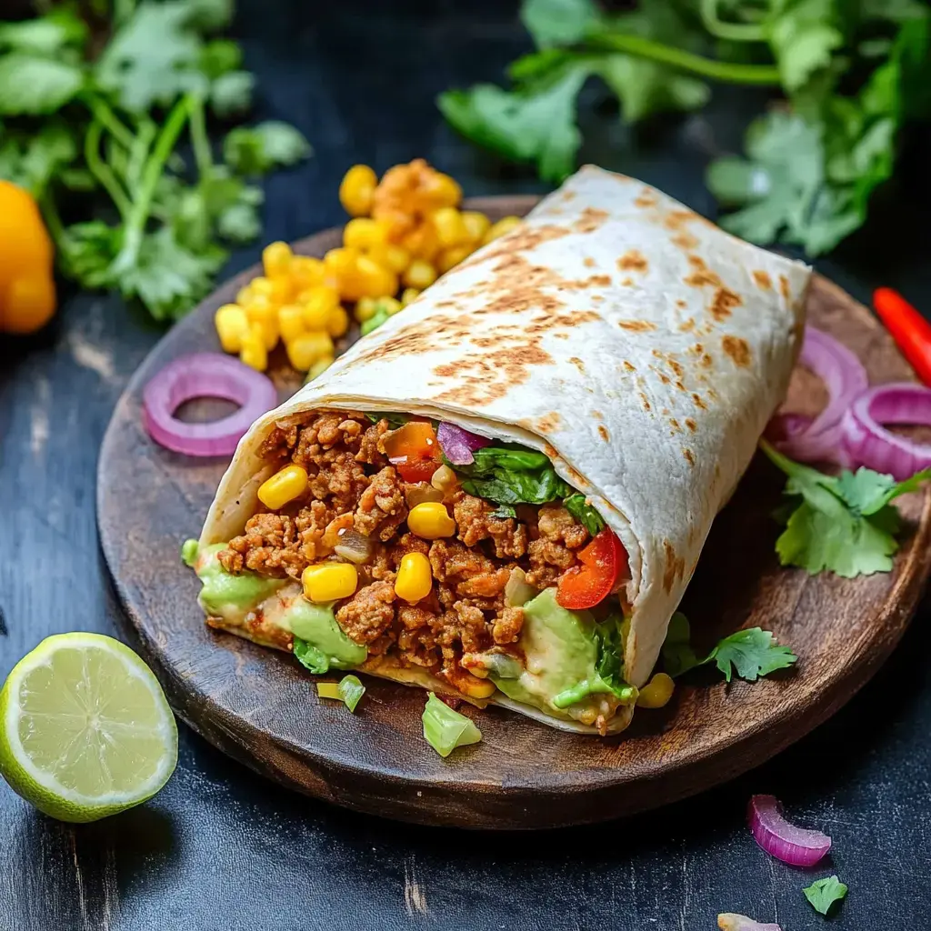 A close-up of a burrito filled with seasoned meat, corn, lettuce, and tomatoes, served on a wooden plate with lime and garnished with cilantro and onion slices.