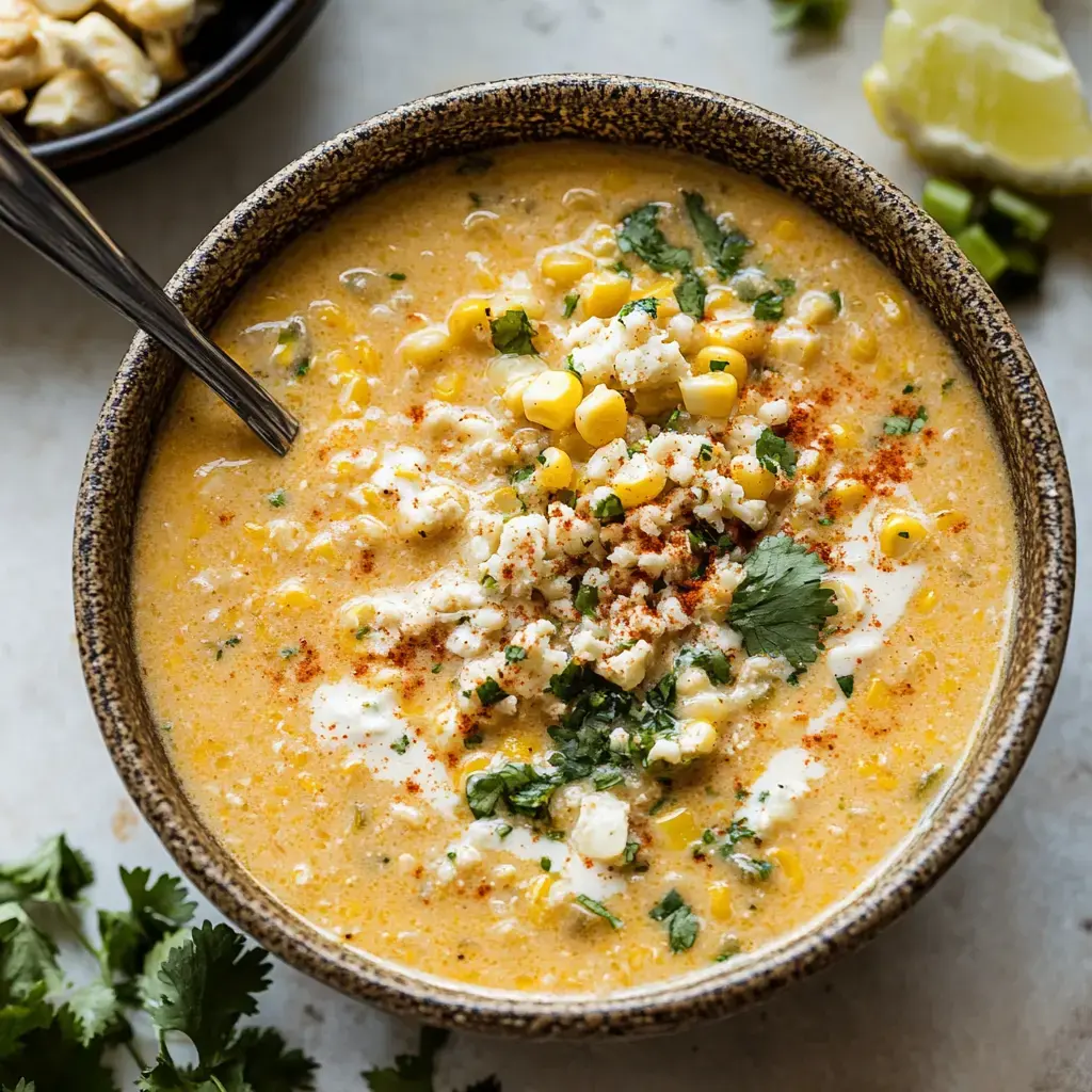 A creamy corn soup garnished with cilantro, corn, and cheese, served in a textured bowl with a spoon.