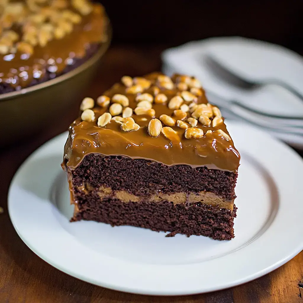 A slice of chocolate cake with a caramel topping and crushed peanuts on a white plate, accompanied by a whole cake in the background.