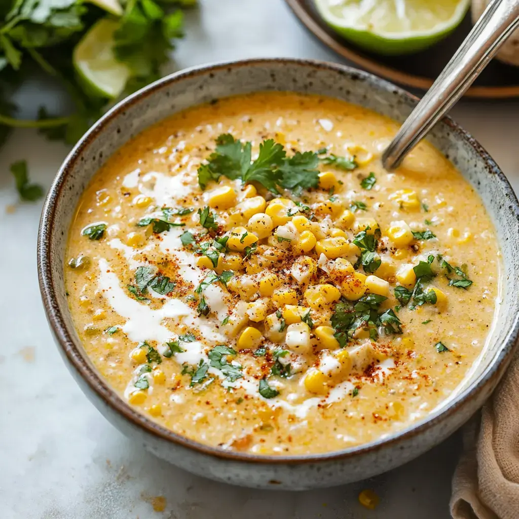 A bowl of creamy corn soup topped with cilantro, corn kernels, and a drizzle of cream, with lime wedges in the background.