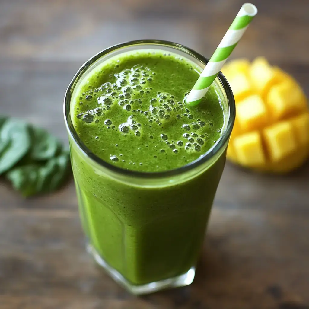 A glass of green smoothie with a striped straw, surrounded by fresh spinach leaves and diced mango on a wooden surface.