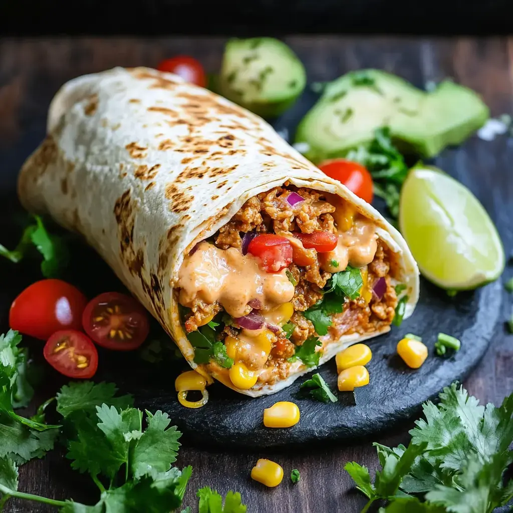 A stuffed tortilla wrap filled with meat, vegetables, and sauce, accompanied by cherry tomatoes, avocado slices, a lime wedge, and fresh herbs on a dark surface.