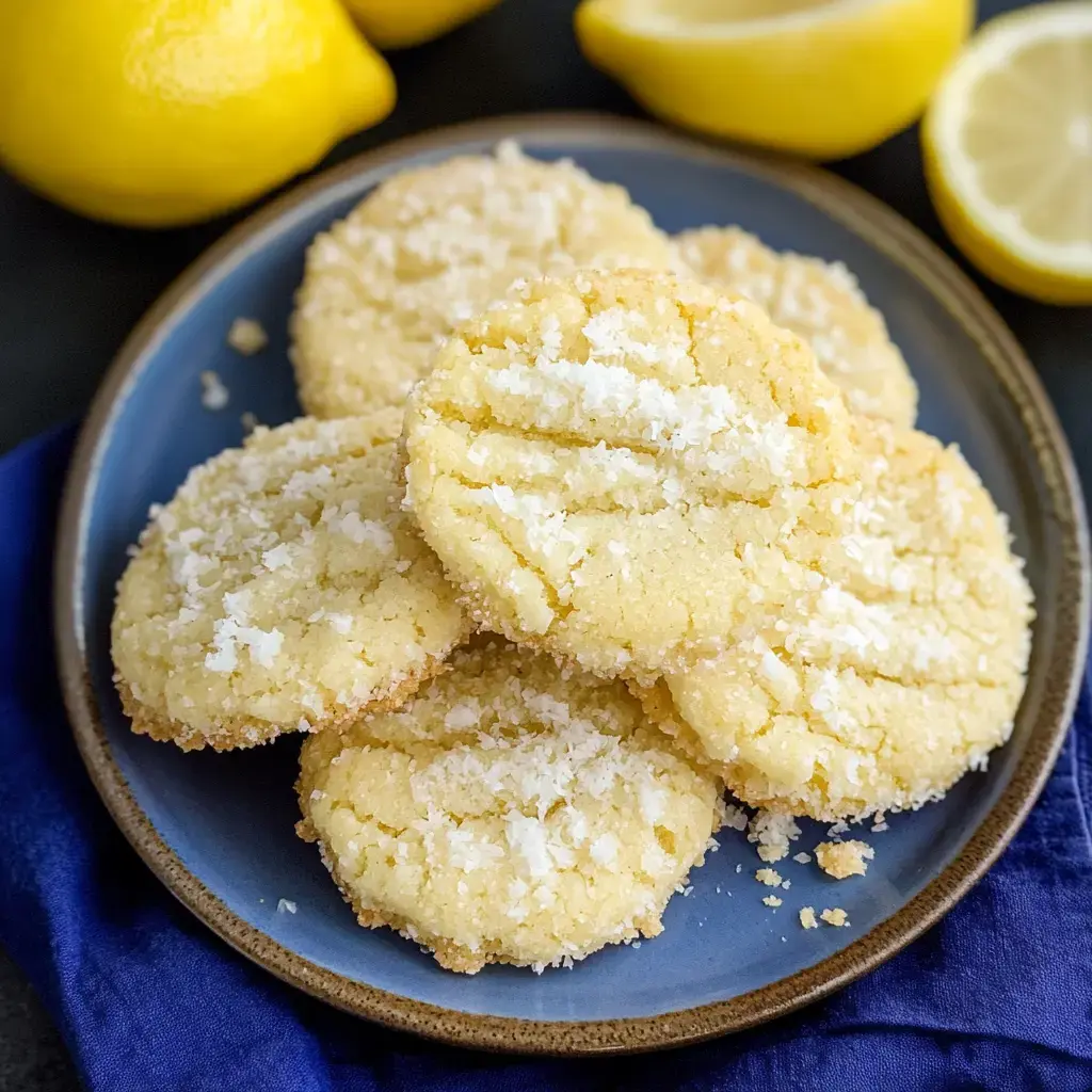 A plate of lemon cookies dusted with sugar, surrounded by whole and halved lemons.