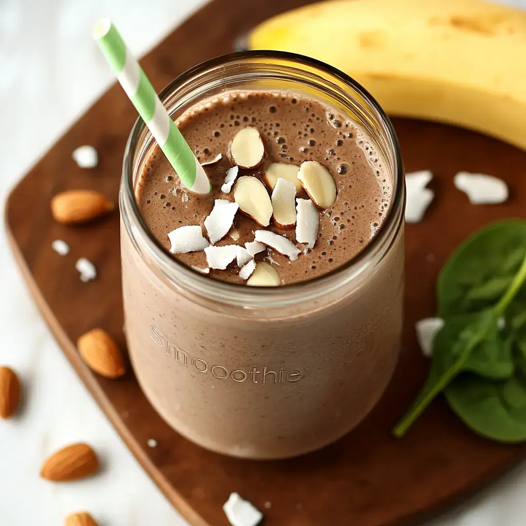 A smoothie topped with sliced almonds and coconut flakes is presented in a jar with a green striped straw, alongside a banana and some almonds on a wooden board.