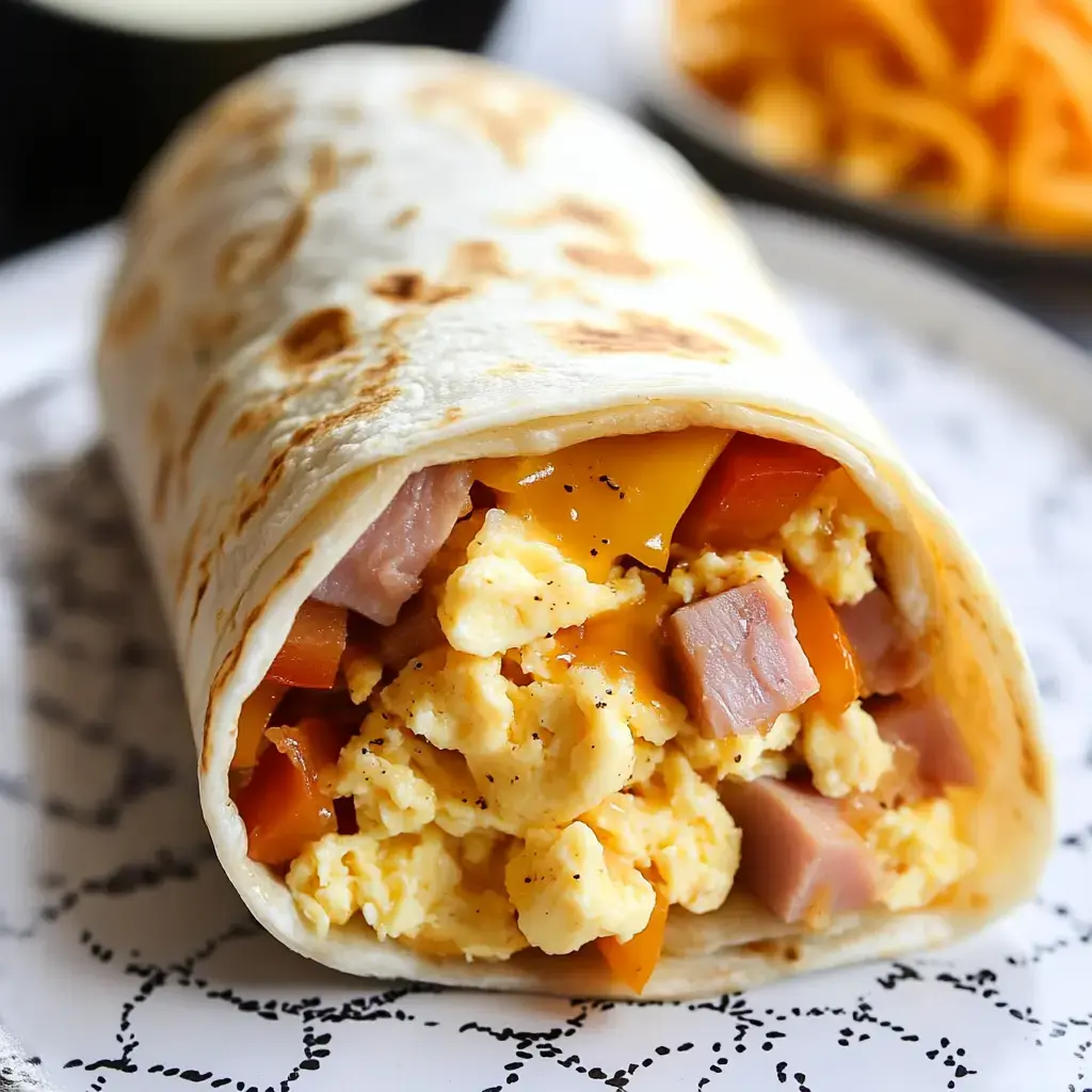 A close-up of a breakfast burrito filled with scrambled eggs, ham, cheese, and diced peppers on a decorative plate.