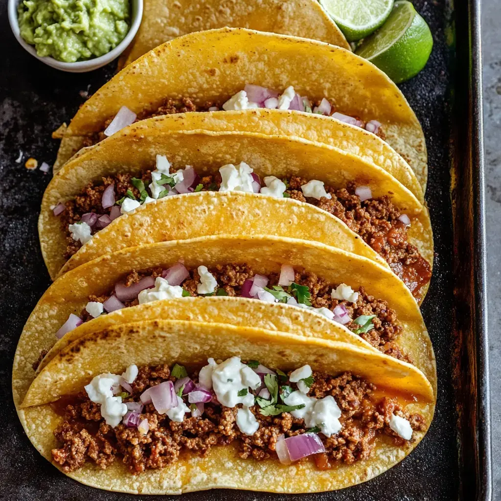 A close-up of multiple tacos filled with seasoned meat, topped with onions, cilantro, and cheese, accompanied by a small bowl of guacamole and lime wedges.