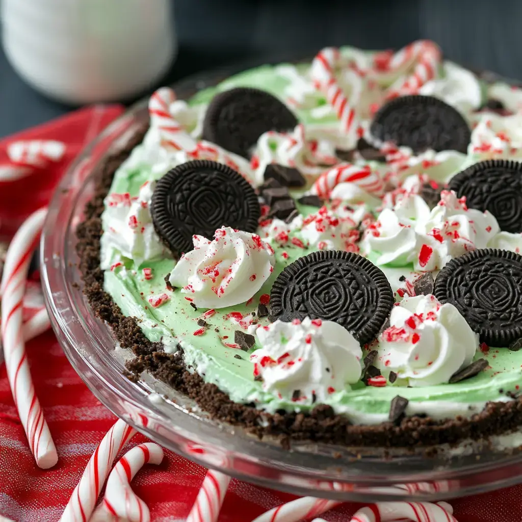 A festive mint cookie pie topped with whipped cream, crushed peppermint, and Oreo cookies, served on a red and white striped tablecloth.