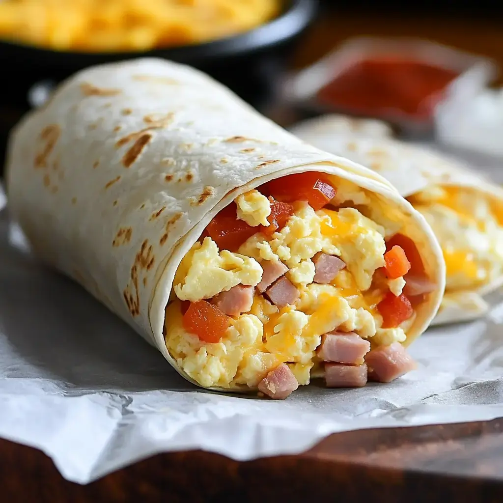 A close-up of a breakfast burrito filled with scrambled eggs, diced ham, tomatoes, and cheese, wrapped in a tortilla.