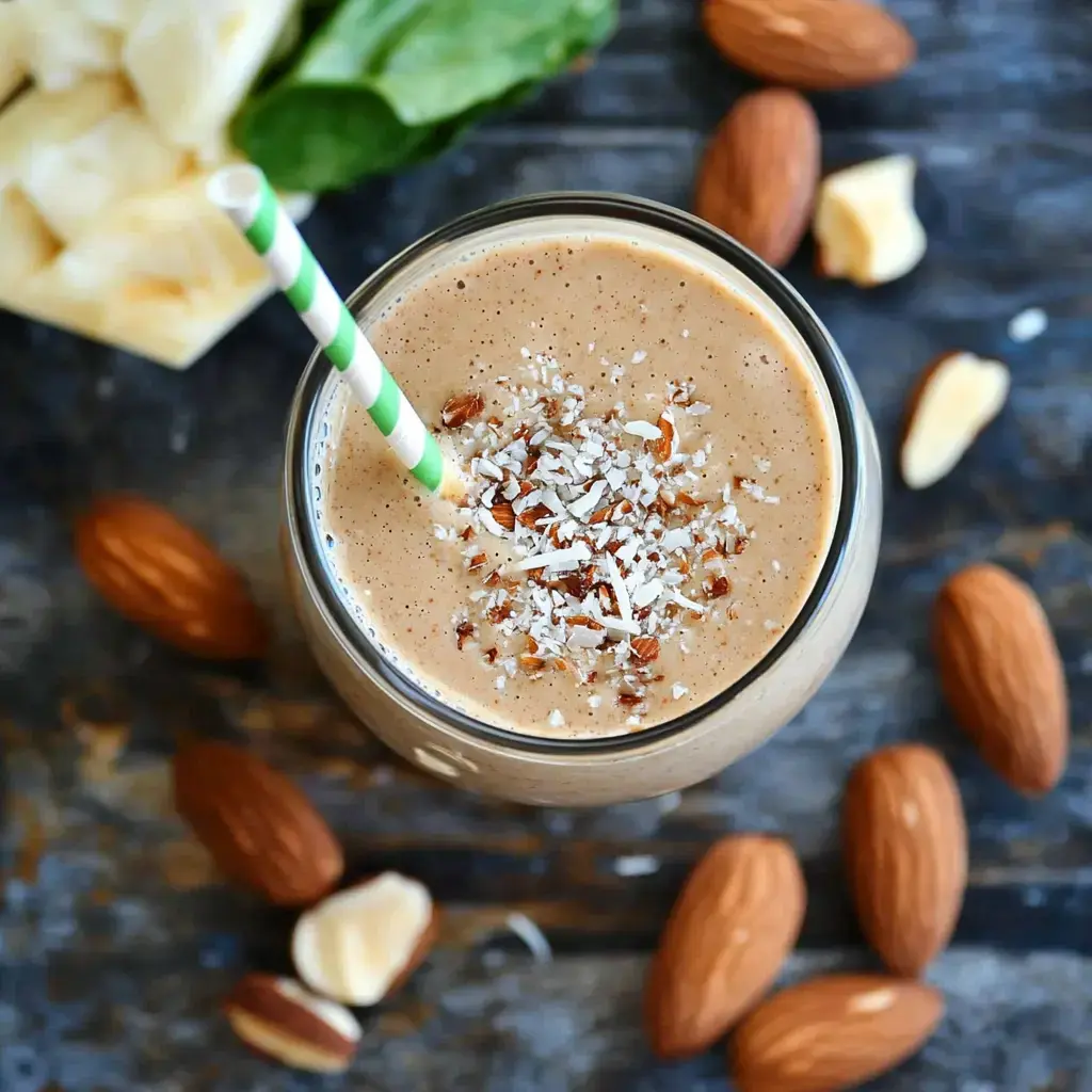 A topped smoothie in a glass with a green and white striped straw, surrounded by almonds and a piece of fruit.