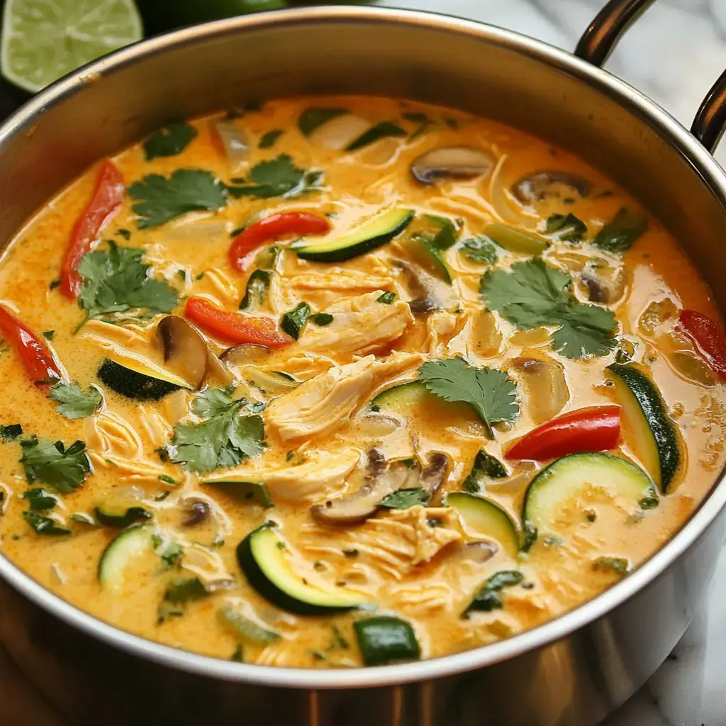 A close-up of a pot filled with creamy, orange-colored soup featuring shredded chicken, zucchini, red peppers, mushrooms, and fresh cilantro garnished on top.