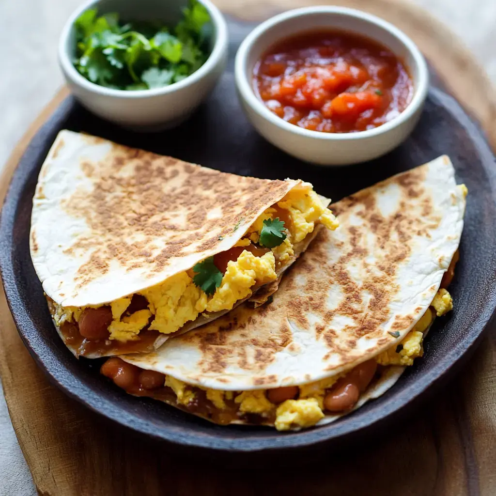 A plate of two grilled tortillas filled with scrambled eggs and beans, accompanied by small bowls of salsa and chopped cilantro.