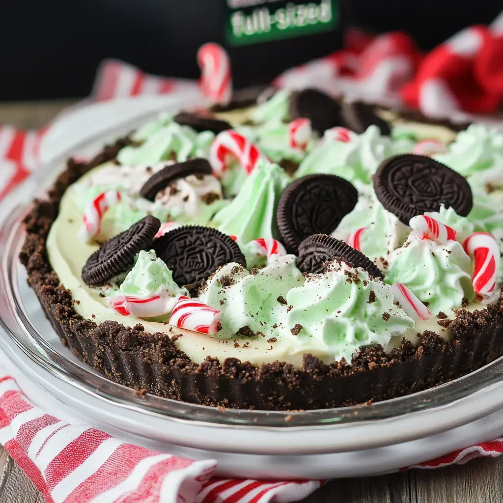 A festive pie decorated with green and white whipped cream, crushed Oreos, and peppermint candies, sitting on a striped tablecloth.