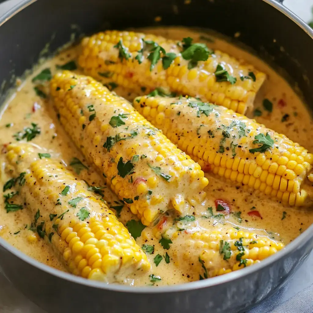 A close-up of corn on the cob cooked in a creamy sauce and garnished with parsley, displayed in a pan.