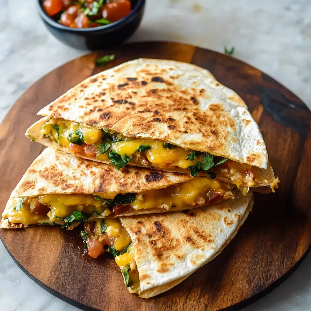 A wooden serving board holds three golden-brown quesadillas filled with melted cheese, tomatoes, and cilantro, alongside a small bowl of salsa.