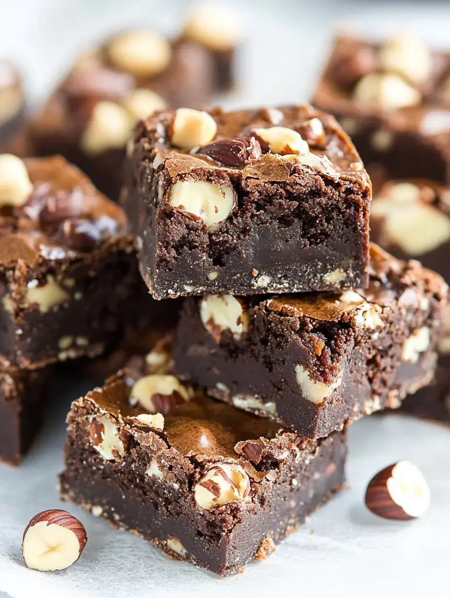 A stack of rich chocolate brownies with chunks of white chocolate and hazelnuts.