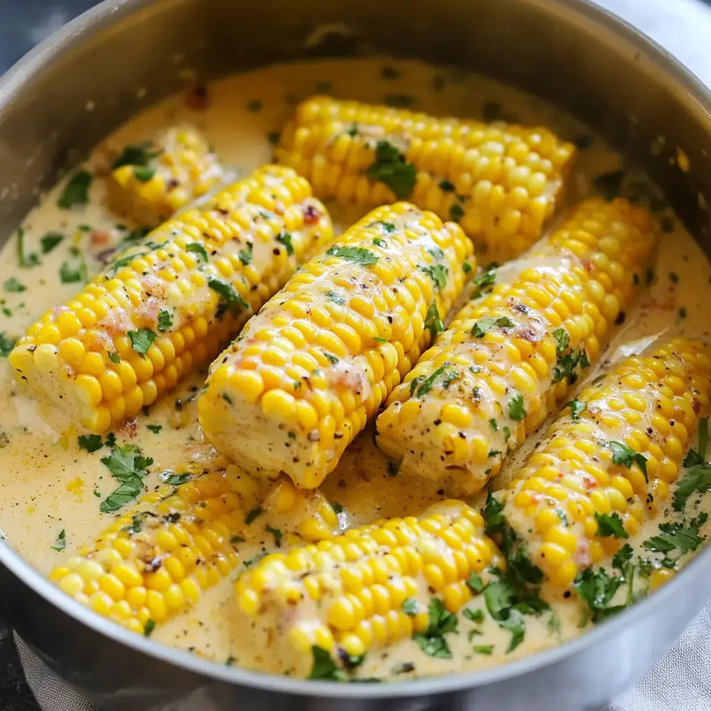 A pot filled with yellow corn on the cob submerged in a creamy sauce, garnished with chopped herbs.