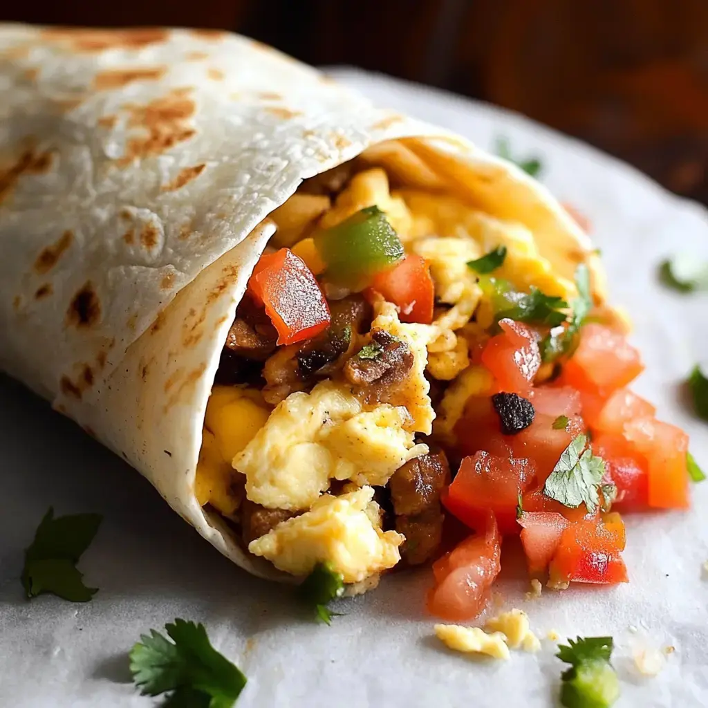 A close-up of a warm tortilla wrap filled with scrambled eggs, black beans, green bell peppers, and diced tomatoes, garnished with fresh cilantro.