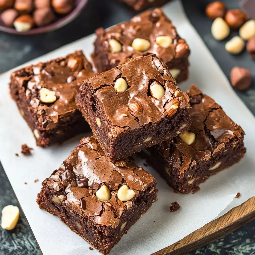 A close-up of a stack of chocolate brownies topped with hazelnuts and served on parchment paper.