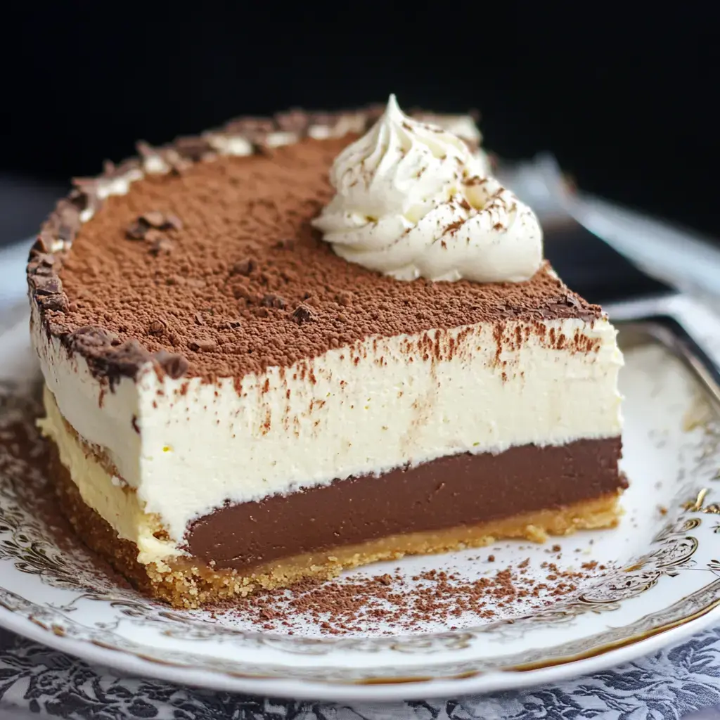 A slice of layered chocolate and vanilla dessert topped with cocoa powder and a dollop of whipped cream, served on an ornate plate.