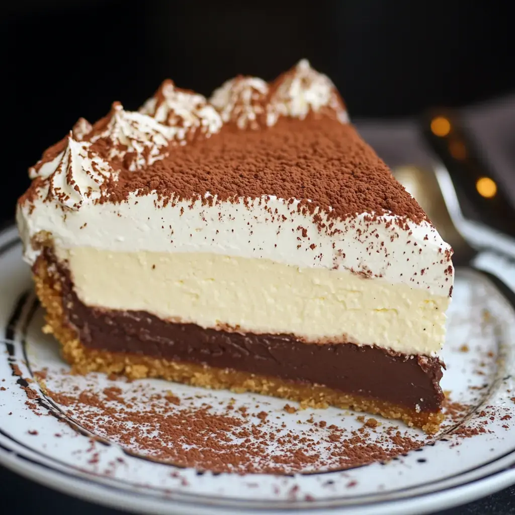 A slice of layered chocolate cream pie with a graham cracker crust, topped with whipped cream and cocoa powder.