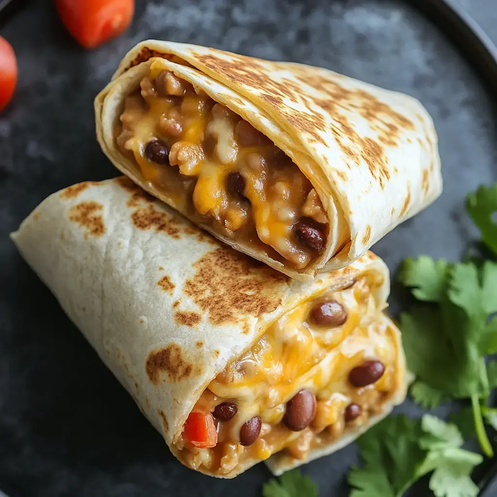 Two tortillas filled with a mixture of cheese, beans, and seasonings, sitting on a dark surface with fresh cilantro and tomatoes in the background.