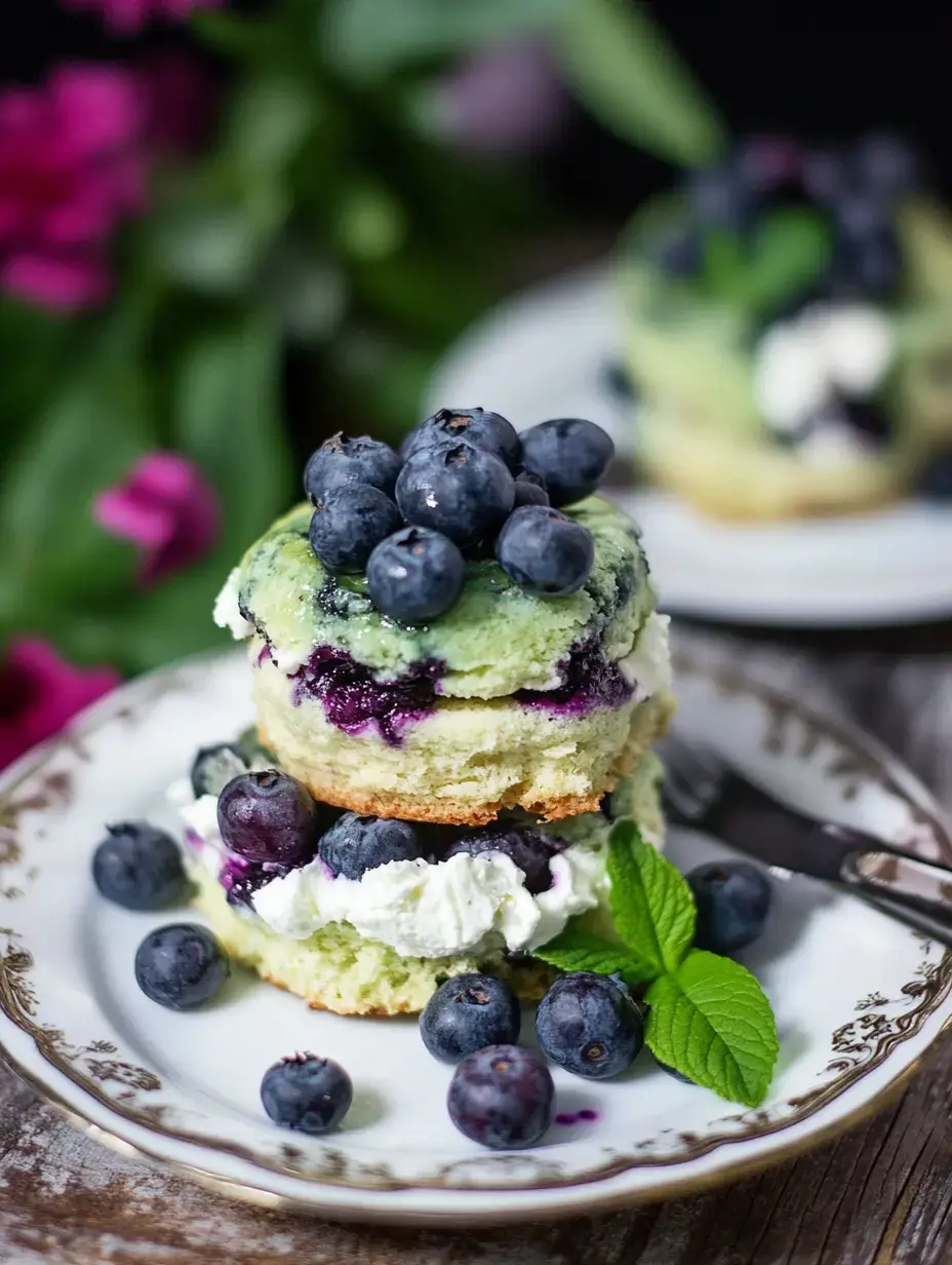 A close-up of a layered dessert made with blueberry filling, whipped cream, and decorated with fresh blueberries and mint leaves on a decorative plate.