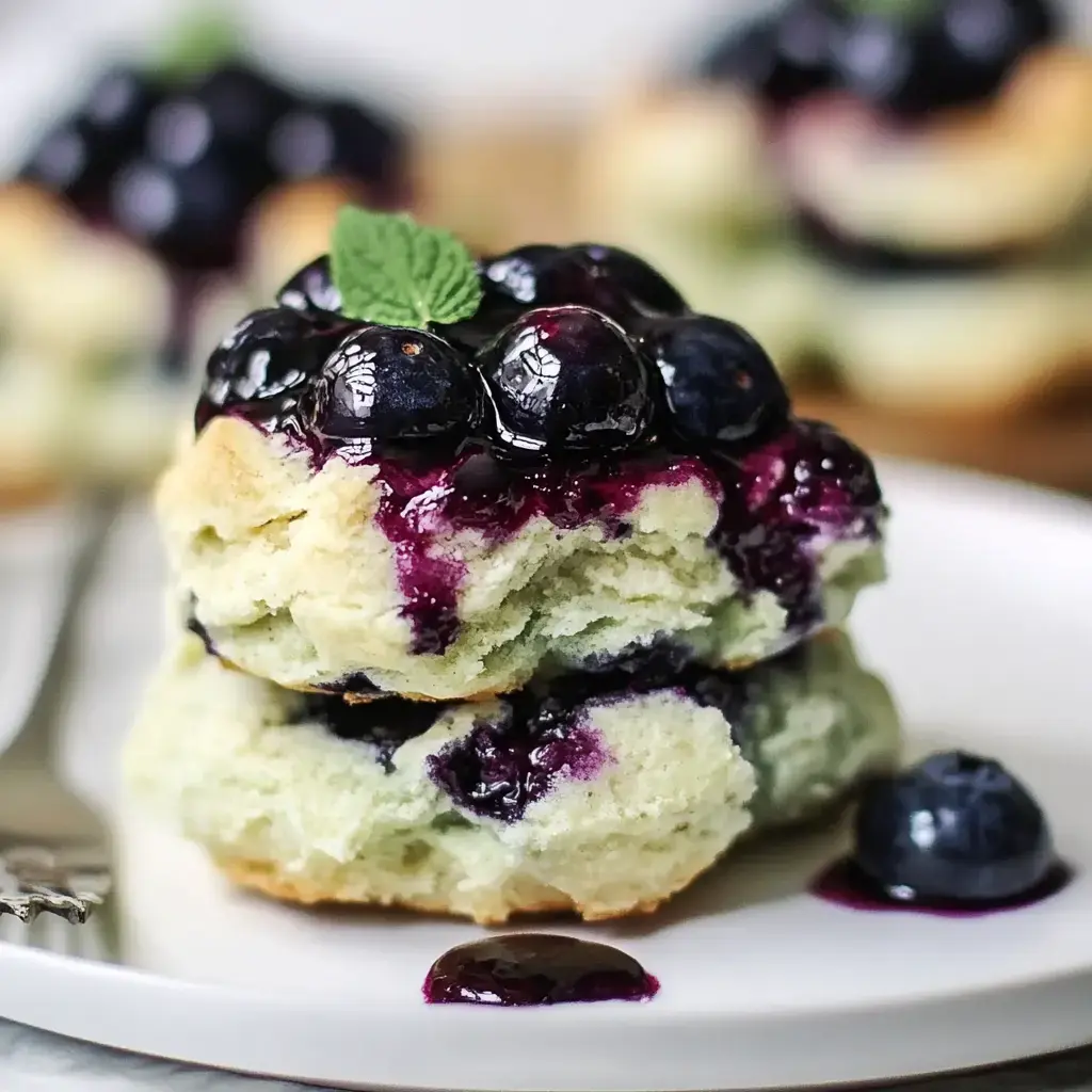 A close-up of a biscuit stacked with blueberries and a glossy blueberry sauce, garnished with a mint leaf on a white plate.