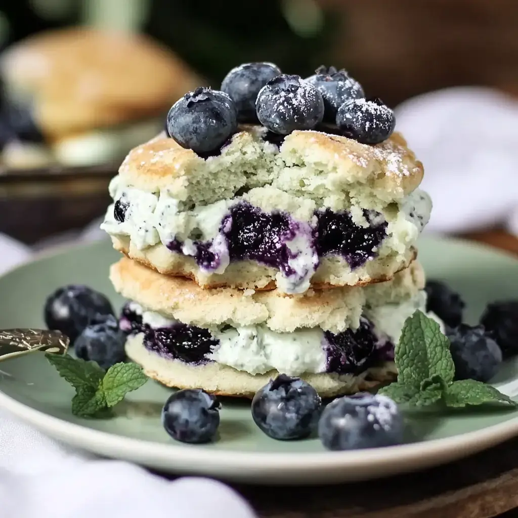 A stack of fluffy blueberry shortcakes filled with cream and topped with fresh blueberries and mint leaves, served on a green plate.